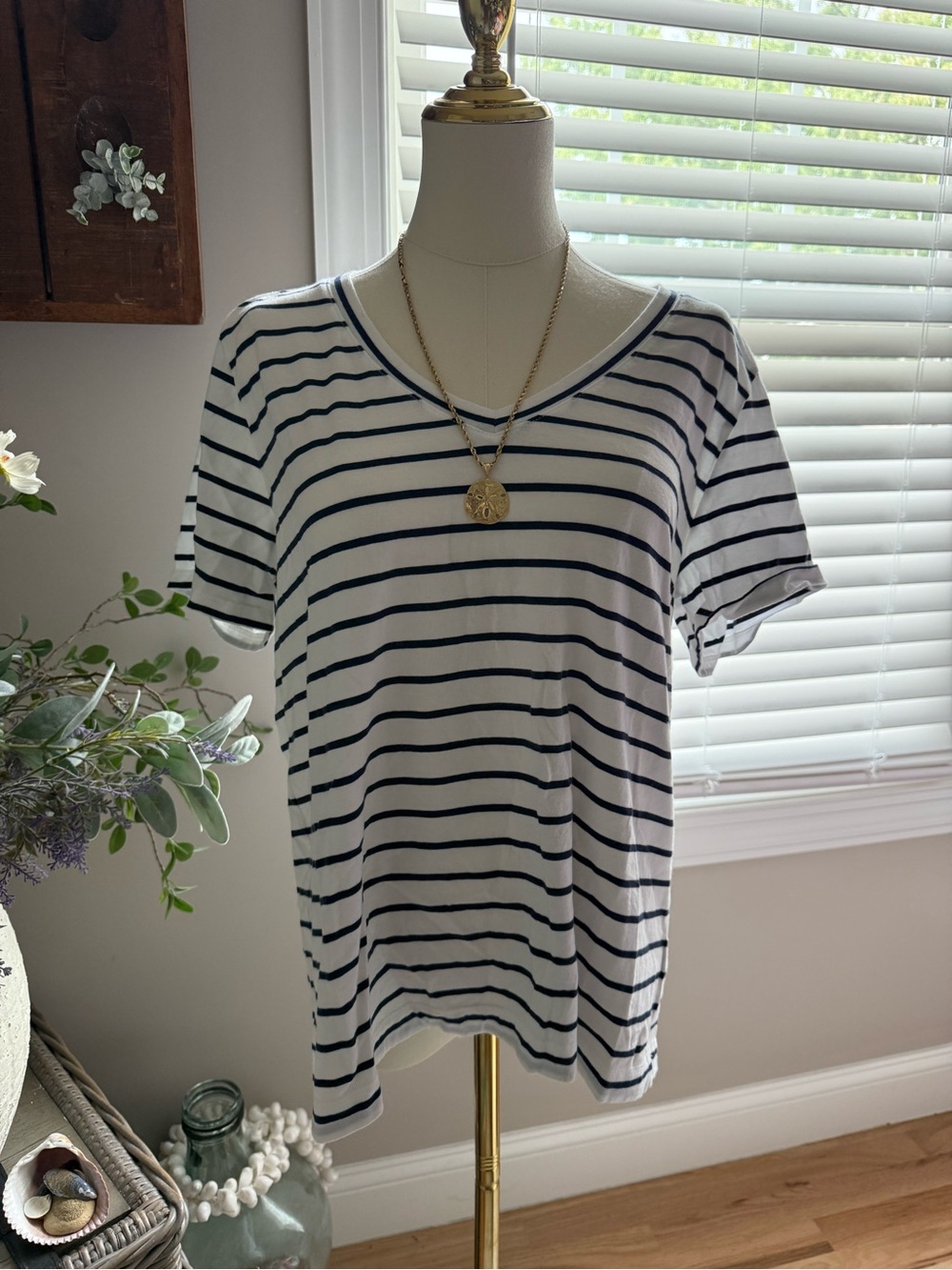 Vineyard Vines White Tee with Navy Stripes - V-Neck Short Sleeve